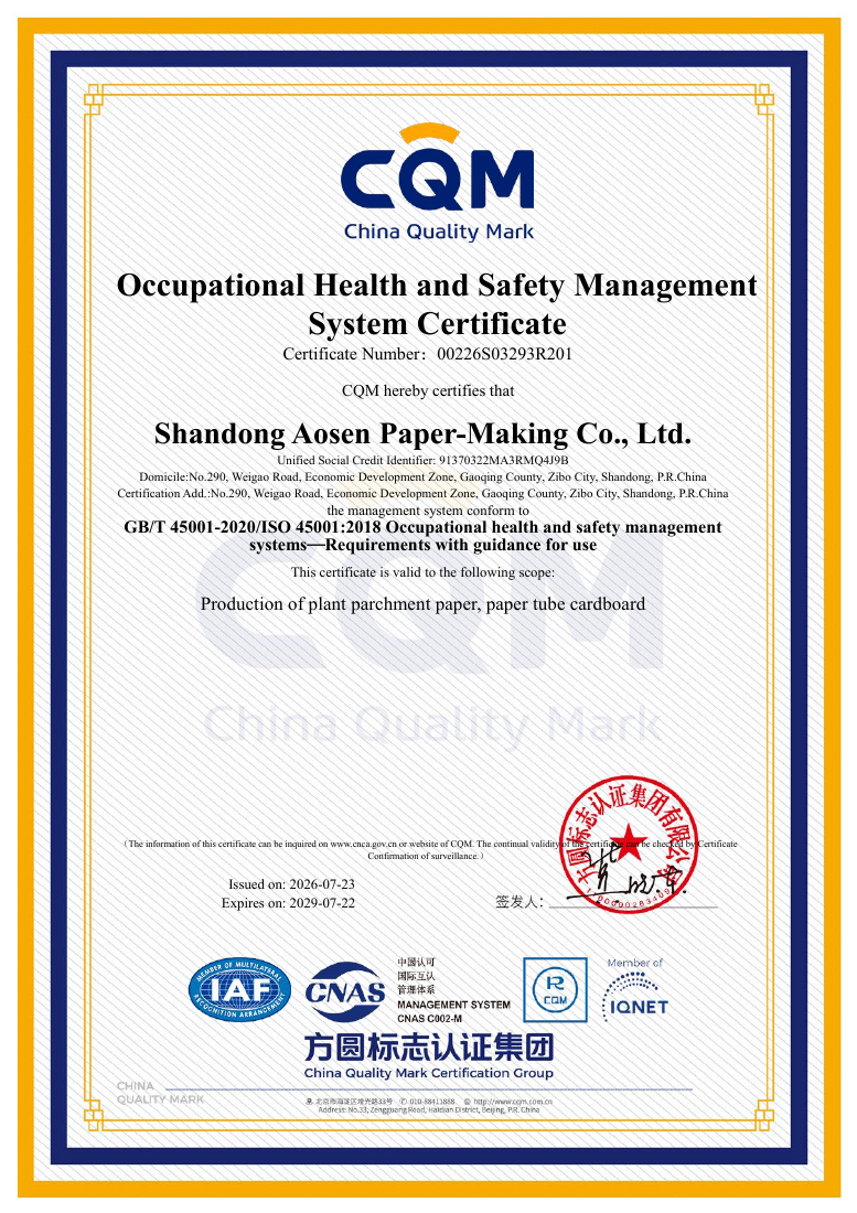 ISO 45001:2018 certificate for Shandong Aosen Paper-Making Co., Ltd.